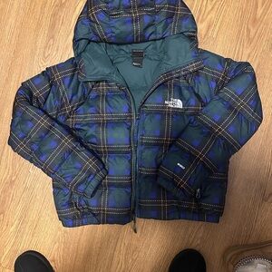 The North Face womens Green and Blue Plaid Puffer Jacket